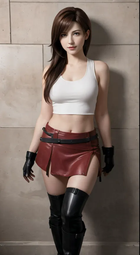 tifa lockhart,the background is a block wall, white tank top, large breasts,delicate face, detailed face, gentle smile on the fa...