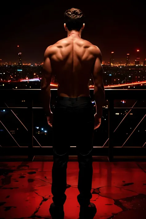 The man turned his back to him，Naked back，There are bright red Chinese characters on the back，The background is a big city，night