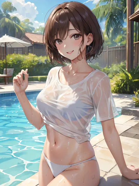 (8K、masterpiece、Highly detailed background、high resolution)、（Beauty、20-year-old、Short Hair、Brown Hair）、（My whole body is wet、White short sleeve shirt、Sheer bikini）、Poolside、smile