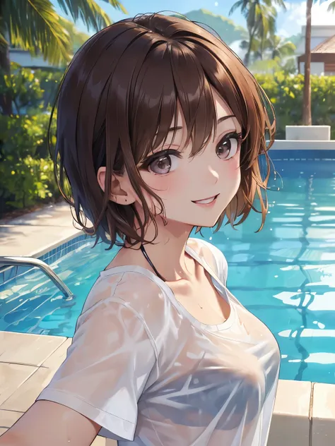 (8K、masterpiece、Highly detailed background、high resolution、Portrait)、（Beauty、20-year-old、Short Hair、Brown Hair）、（My whole body is wet、White short sleeve shirt、A navy bikini showing through her shirt）、Poolside、smile