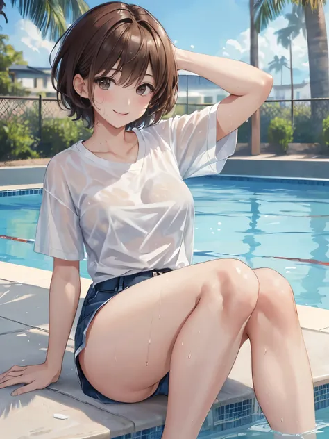 (8K、masterpiece、Highly detailed background、high resolution、Portrait、Knee Shot)、（Beauty、20-year-old、Short Hair、Brown Hair）、（My whole body is wet、、White short sleeve shirt、Underwear visible under the shirt）、Poolside、smile