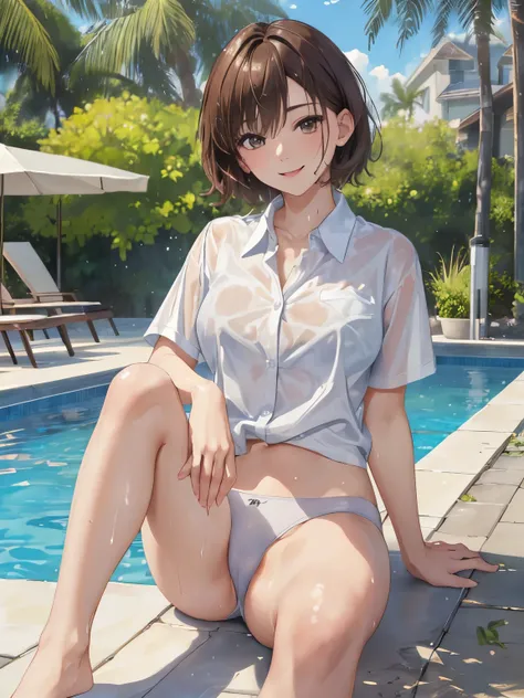 (8K、masterpiece、Highly detailed background、high resolution、Portrait、Knee Shot、Front lighting)、（Beauty、20-year-old、Short Hair、Brown Hair）、（My whole body is wet、、White short sleeve shirt、Underwear visible under the shirt）、Poolside、smile