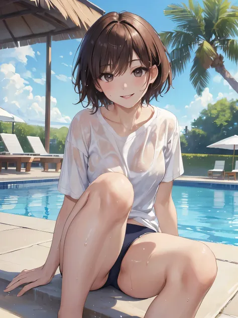 (8K、masterpiece、Highly detailed background、high resolution、Portrait、Knee Shot、Front lighting)、（Beauty、20-year-old、Short Hair、Brown Hair）、（My whole body is wet、、White short sleeve shirt、Underwear visible under the shirt）、Poolside、smile