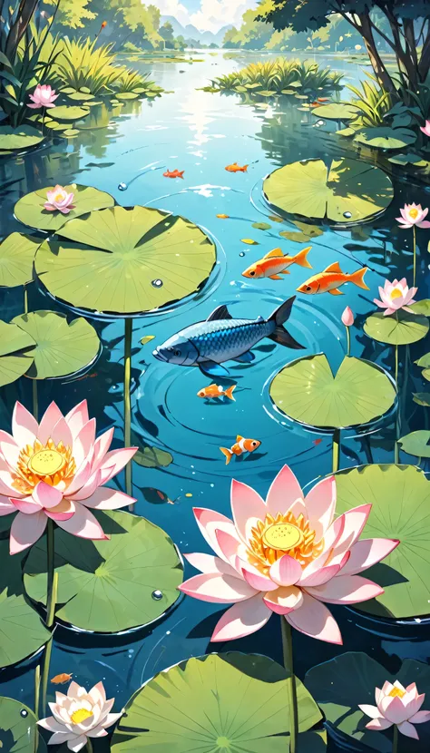 close-up of a poster，lotus，a fish in the pond，willow