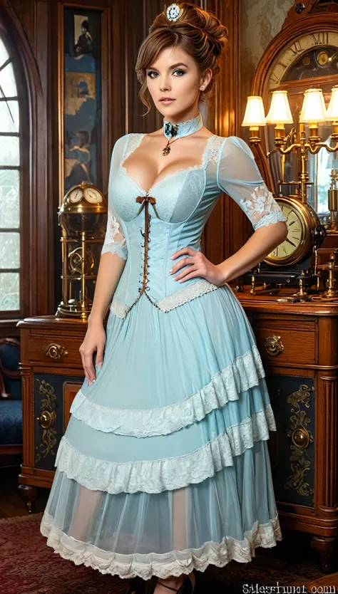 A hyper-realistic portrait of an elegant lady with light brown hair in an updo, wearing a light blue sheer lace dress with steampunk accessories, set in a Victorian-style room with mechanical elements.