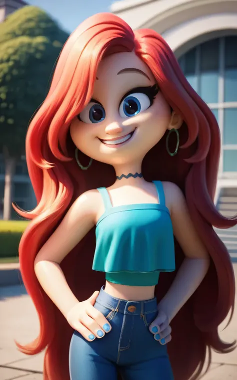 masterpiece, best quality, highly detailed, score_9, score_8_up, score_7_up, score_6_up,source_anime, BREAK, chelsea, 1girl, midriff, upper body, choker, smile, jewelry, very long hair, standing, red hair, earrings, shoes, pants, blue eyes, aqua ruffle cro...