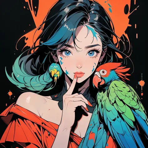 (((Beautiful bird with One woman))), (((A Very large parrot on your shoulder))), Brilliant, Super detailed face and eyes, Dripping Paint, (((Perfect bird))), Complex, wonderful, Fantastic, Gold leaf trim, Magic, Masterpiece Painting, Super detailed, Enchan...