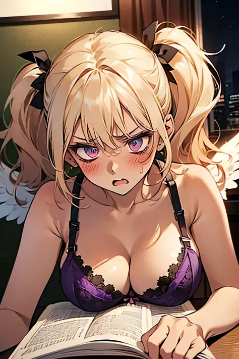 Twin tails，((blonde))，((anger:1.2)),((Embarrassing:1.1)),((Blush 1.5))，Purple eyes，Large Breasts，Dark purple bra，((Brown Skin:1.5))，Angel Wings，face down. Background is indoor，night.