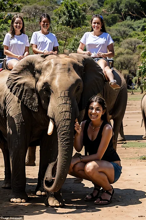 Group of British tourists posing for photos Behind them, there were elephants standing and crouching, with the elephant handlers taking pictures for them.