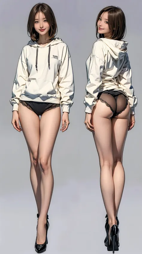 ((masterpiece)),(((Highest quality))),((Character design sheet)), Thin thighs,Long legs,18 year old Japanese girl, Cute type,The best smile:1.5，white long hoodie:1.5, Black panties in full view 1.5，Very short hair ,  (Highly detailed skin), The background ...