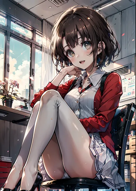 Katoumegumi, Megumi Katou, Brown Hair, short hair, (Brown eyes:1.5),happy smile, smile, Open your mouth, Red Tank Top Shirt,White long skirt,Black pantyhose,Stiletto heels,Open your mouth,sitting cross-legged on a chair,There is a computer and food on the ...