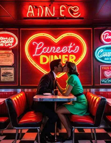 A retro neon art piece featuring the silhouette of a couple kissing at a diner, with neon signs and heart shapes in the background, evoking a nostalgic 1950s vibe