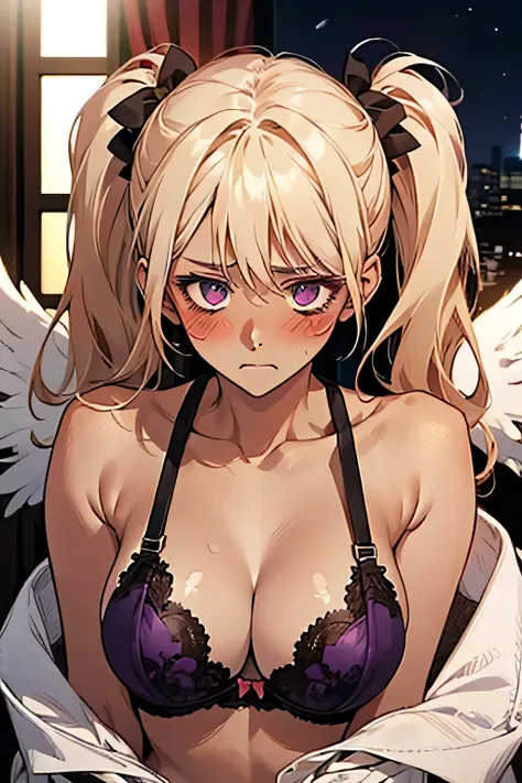 Twin tails，((blonde))，((anger:1.1)),((Embarrassing:1.1)),((Blush 1.5))，Purple eyes，Large Breasts，Dark purple bra，((Brown Skin:1.5))，Angel Wings，face down. Background is indoor，night.