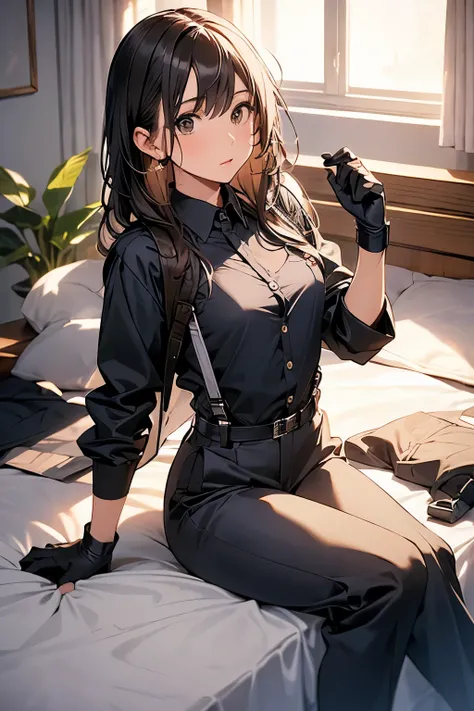 suspenders　　　Moderate breasts　 　 　　　　Small face　 　　　holster　　　Beautiful woman　　　　 Lying in bed　Looking up　　　　Sweat 　　　belt　summer　脇Sweat 　Black Hole Gloves　suit　shirt　　Black jacket　 Black trousers　Leg Links　ズボンにbelt
