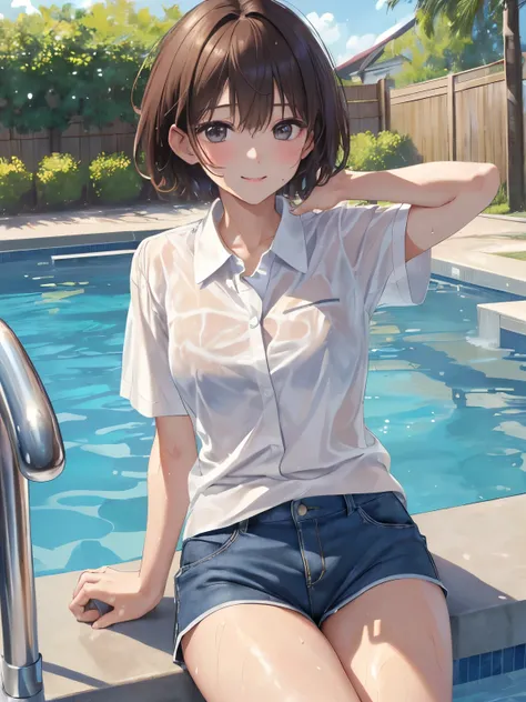 (8K、masterpiece、Highly detailed background、high resolution、Portrait、Knee Shot、Front lighting)、（Beauty、20-year-old、Short Hair、Brown Hair）、（My whole body is wet、、Short sleeve shirt with white collar、Adult underwear visible under a shirt、Bottoms are just unde...