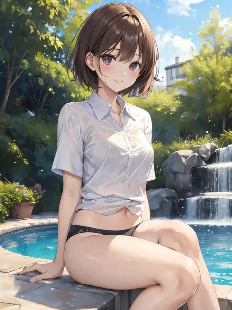 (8K、masterpiece、Highly detailed background、high resolution、Pale colors、Portrait、Knee Shot、Front lighting)、（Beauty、20-year-old、Short Hair、Brown Hair）、（My whole body is wet、、Short sleeve shirt with white collar、Adult underwear visible under a shirt、Bottoms a...