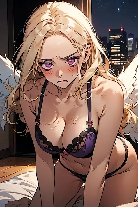 ((blonde))，Forehead，((anger:1.1)),((Embarrassing:1.1)),((Blush 1.5))，Purple eyes，Large Breasts，Dark purple bra，((Brown Skin:1.5))，Angel Wings，face down. Background is indoor，night.