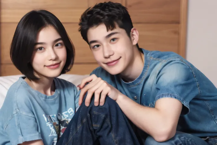 250 (An 18-year-old female and an 18-year-old male), (short hair),kind, lipstick, (jeans), (Animal charactersＴshirt), smile