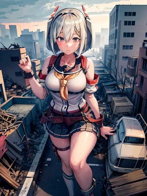 analog illustration style　
((Destroyed city in flames)) ((Fire)) ((Destroyed buildings)) ((Destroyed cars)) ((Pile of rubble))
((Hamakaze (KanColle))) ((Short hair)) ((Bob cut))　
90s Giant Girl on the Road in the Big City Uniform Skirt 
((Dim cloudy sky)) ...