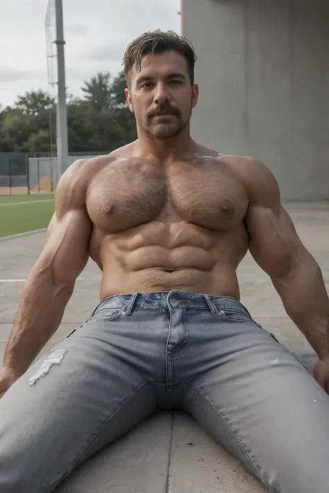 (((Muscular man))) masterpiece, best quality, high resolution, closeup portrait, male focus, solo focus, A man, 50 years old, grey hair, soccer player, football player, grey silver hair, messy hairstyle, cute and seductive face, bare chest, body hair, faci...