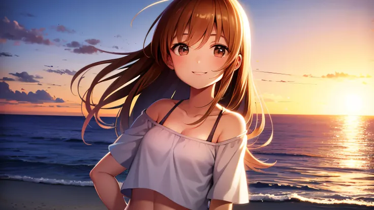 Very high quality A beautiful smiling girl on the beach at sunset