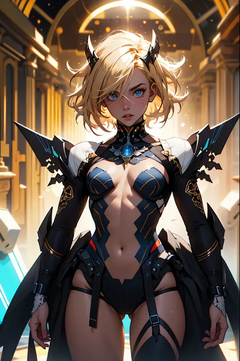 Highly detailed RAW color photo, young and beautiful woman, Short blonde hair, dynamic pose, (Broad Hips), (skin detailed), (Detailed lips), (detailedeyes), (cosmic: 1.4), (necropolis: 1.1), (science fiction scenario) (face detailed), (curved), Red clothin...