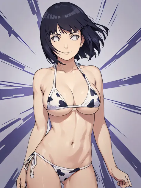 (hinata(boruto), (extremely high quality, anime, tall woman, cowboy shot, angle view, ((cow print bikini only and wear nothing else, cow print bikini only and wear nothing else, almost naked, bare arms, bare arms, bare shoulders, biceps)), (wide shoulders,...