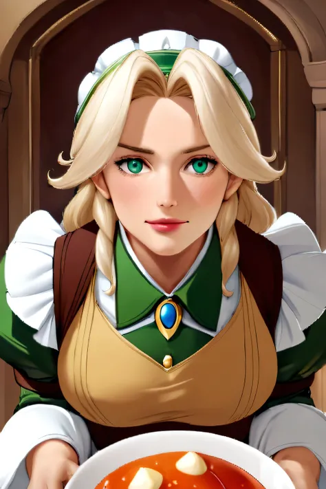 Bela, Disney&#39;s charming heroine, transformed into a waitress serves mead to Draco Malfoy, the cunning Hogwarts student, wearing your . Bela, Disney&#39;s charming heroine servindo hidromel com sorriso malicioso em um bar dentro do castelo mágico, all s...