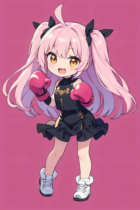 Highest quality,chibi,Pink semi-long,Hair,Black leather clothing,semi-long,Full body front view,Character portrait,Golden eyes,Boxing gloves,Background white,big mouth,smile