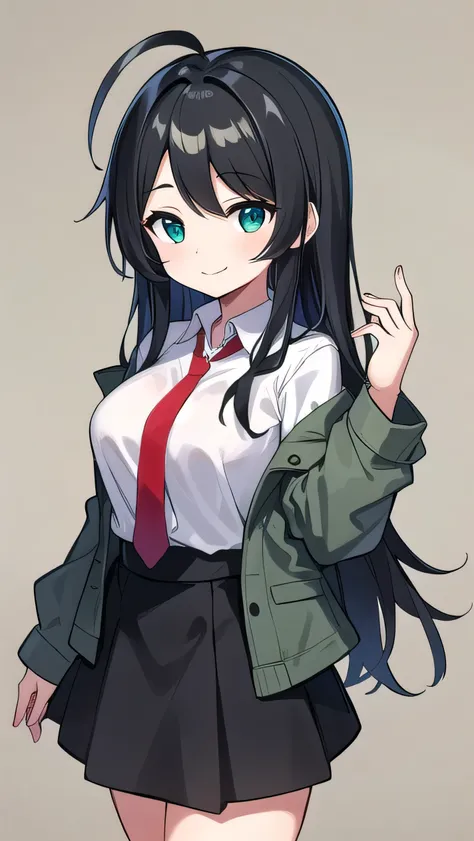 Junior high school student who looks like an elementary school student, 10 years old, very short, 140 cm tall, black hair with a slight green tinge, short ahoge, beautiful long hair but with a little hair sticking out, beautiful round eyes, blue eyes, smil...