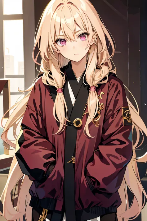 solo, 1boy, mature anime male, light almond hair, long hair, dark pink eyes, subtle blush