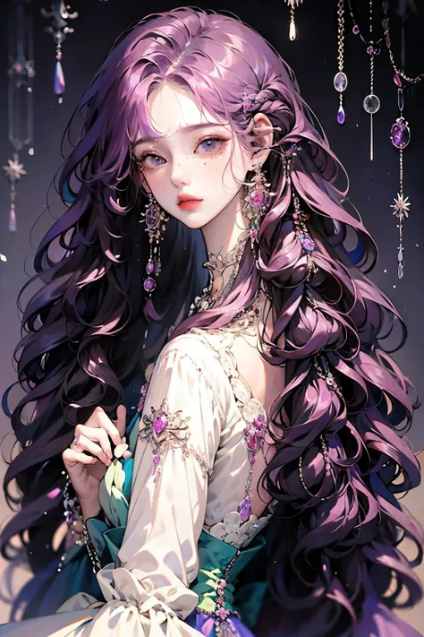 anime girl sit posing for photo with long purple hair and earrings, an anime drawing inspired by yanjun cheng, pisif, fantasy ar...