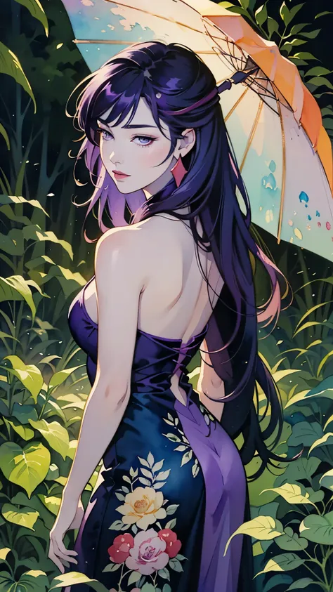 ((watercolor painting)) of a woman with purple hair and a purple dress, beautiful character painting, watercolor detailed art, in the art style of bowater, beautiful anime portrait, watercolor colored painting, alice x. zhang, detailed watercolor painting,...