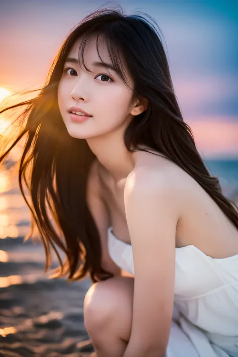 create a high-quality, hyper-realistic portrait of a very beautiful japanese idol. she is wearing a clean white summer dress and...