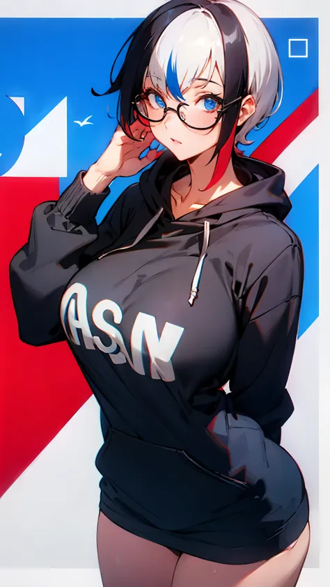 （Hair color: red and blue two-tone color）short hair glasses hoodie big breasts