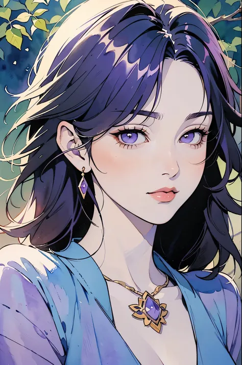 ((watercolor painting)) of a woman with purple hair and a purple dress, beautiful character painting, watercolor detailed art, in the art style of bowater, beautiful anime portrait, watercolor colored painting, alice x. zhang, detailed watercolor painting,...