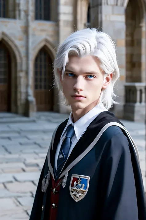 Man,white hair,blue eyes, Hogwarts black uniform