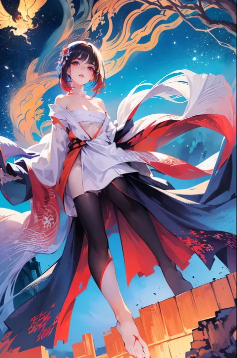 (masterpiece, Highest quality, Dutch Angle、Semi-Realistic、Fantasy)(One girl, alone)(White and beautiful hair,Red eyes,Straight Long Hair)(sarashi,kimono,One Shoulder、Haori、One shoulder exposed)(Serious expression、Floating Hair)(Cherry tree、dead tree、Mystic...