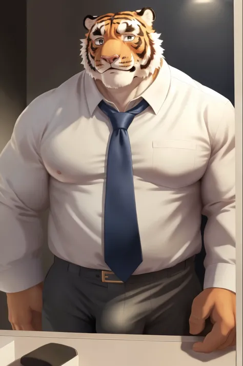 Author: bontiage, (1 boy), One, tiger, big bulge crotch, boner, pants, long sleeve plain shirt, necktie, Mens Second, kemono, hot body, muscle, Beautiful, sexual, Attractive guy, (Detailed black eyes), brows, (masterpiece, A high resolution, Best quality),...