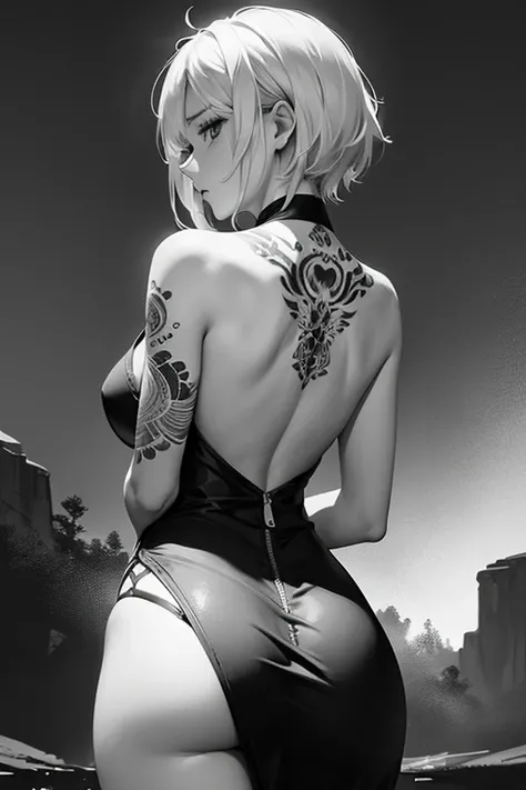 ((monotone, monochrome))(Image from chest up:1.4)((masterpiece:1.5,Highest quality,Beautiful images、Sketch、2.5D、Ink Painting、Abstract、Artistic、Portraiture))(1girl, solo)(medium breasts, white hair、short hair、sideboob、Exposing shoulders、Tattoo on shoulder,T...