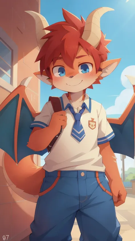 score_9,score_8_up,score_7_up, source_cartoon, source_furry, dragon boy, horns, blue eyes, tail, red hair, shota, furry, blush, dragon tail, looking at viewer, smile, 1boy, dragon horns, pointy ears, spiky hair, mohawk hairstyle, spiky ponytail, draconic w...