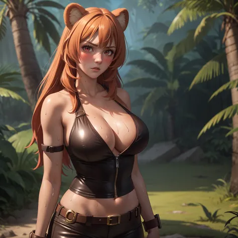 raphtalia.  20 year old woman straight light orange hair , rounded bear ears, red eyes like ruby., serious expression, blush,  pale skin, big breasts, lara croft costume, lara croft clothes , explorer, background some mayan ruins in the middle of the jungl...
