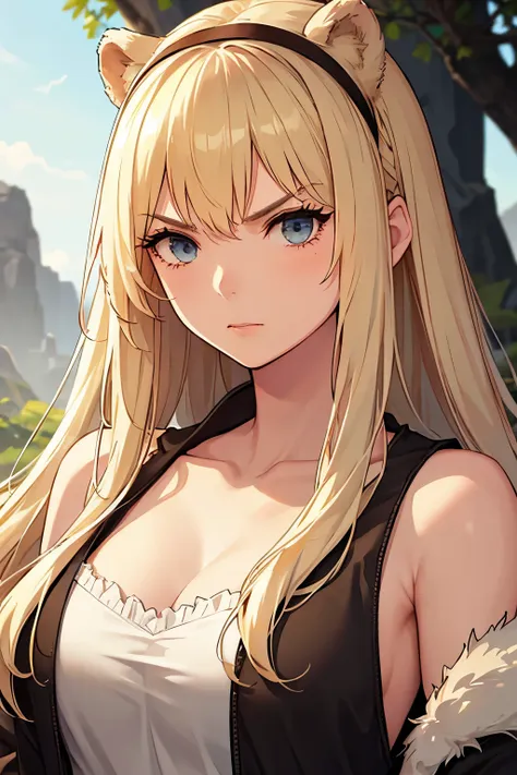 blonde woman, cave savage, troglodyte, beautiful, bearskin outfit, angry