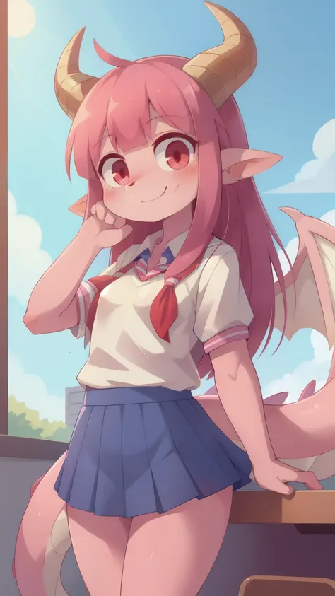 score_9,score_8_up,score_7_up, source_cartoon, source_furry, dragon girl, horns, red eyes, tail, dark pink hair, furry, blush, dragon tail, looking at viewer, smile, 1girl, dragon horns, pointy ears, animal nose, rect bangs, semi long hair, feathered wings...