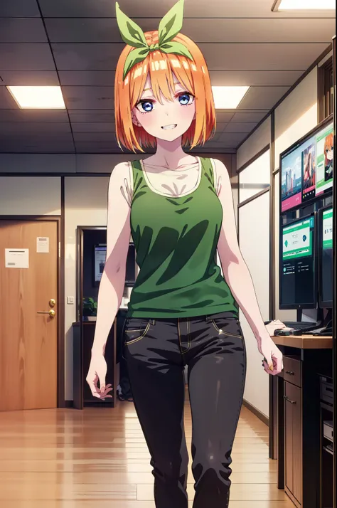 Yotsubanakano, Yotsuba Nakano, bangs, short hair, blue eyes, Hair between the eyes, hair ribbon, hair band, Orange Hair, (Green ribbon:1.5), smile, Grin,Green tank top,Skinny jeans,Stiletto heels,There is a computer on the table,interior,Walking,whole body...