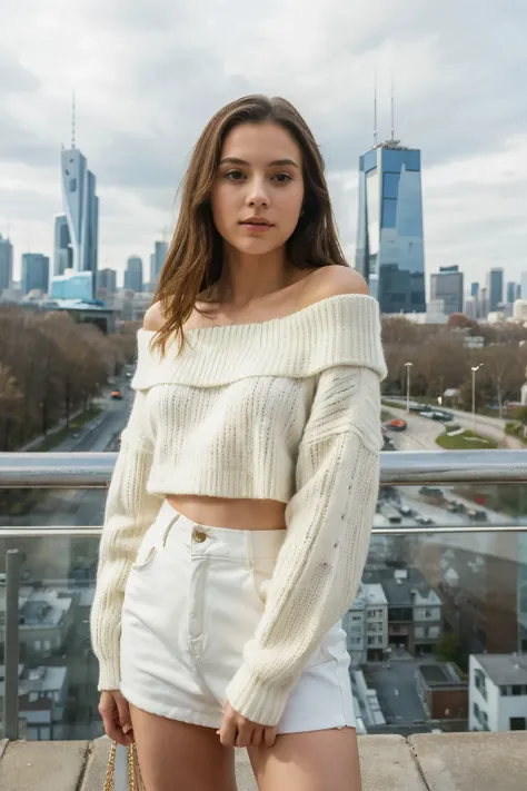 ((Best Quality)), ((Masterpiece)), (detailed), 1 girl, off shoulder sweater, (Woman:1.2) standing in a (futuristic cityscape