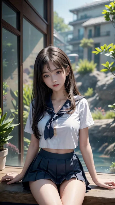 Realistic:1.3, Tabletop, (Highest quality, 8K, masterpiece:1.2, RAW Photos), ((1 beautiful girl, Baby Face)), Japanese, high school girl, smile, Slim Abs, Medium breast, ((Wearing the school-issued sailor uniform, mini skirt)), Button unbuttoned, Cleavage,...