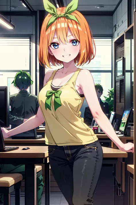 Yotsubanakano, Yotsuba Nakano, bangs, short hair, blue eyes, Hair between the eyes, hair ribbon, hair band, Orange Hair, (Green ribbon:1.5), smile, Grin,Green tank top,Skinny jeans,Stiletto heels,There is a computer on the table,interior,Walking,whole body...