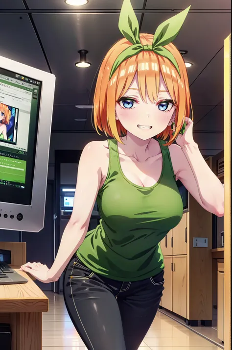 Yotsubanakano, Yotsuba Nakano, bangs, short hair, blue eyes, Hair between the eyes, hair ribbon, hair band, Orange Hair, (Green ribbon:1.5), smile, Grin,Green tank top,Skinny jeans,Stiletto heels,There is a computer on the table,interior,Walking,whole body...