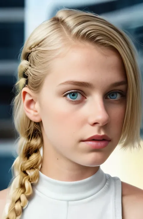 13yo girl, futuristic complicated hairstyle, blond and brunet mix